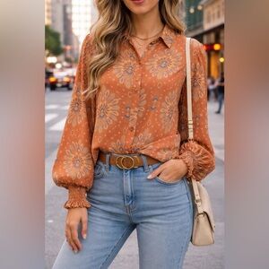 FLYING TOMATO Women’s Chiffon Orange Peacock Feather Collar Puff Sleeve Top M